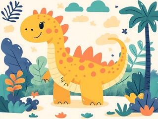 Cute Yellow Dinosaur Illustration in a Tropical Jungle
