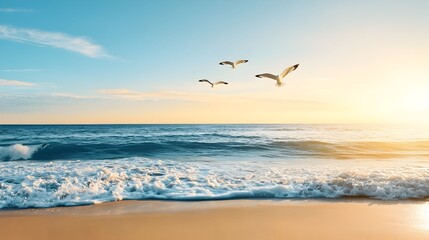 Fototapeta premium Serene coastal scene with seagulls gracefully flying over a quiet beach set against a clear blue sky with bright sunlight creating a dramatic double exposure silhouette effect of birds in the sky