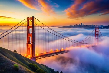 Obraz premium Majestic Golden Gate Bridge Emerges from Serene Fog, Capturing the Beauty of San Francisco's Iconic Landmark in