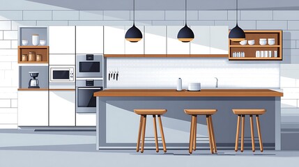 Modern Kitchen Illustration with White Cabinets and Wooden Countertop