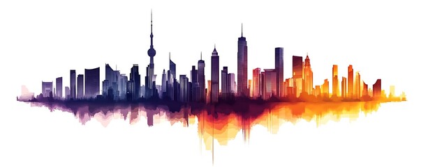 Modern City Skyline Illustration with Watercolor Effect
