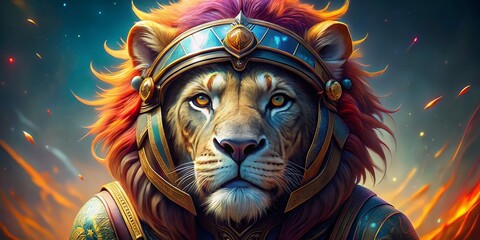 Majestic lion dons a helmet in a breathtaking 3D artwork, blending nature and fantasy, perfect for wildlife enthusiasts