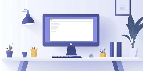 Illustration of a Modern Office Desk with Computer, Keyboard, and Mouse