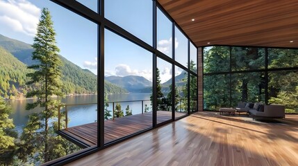 Stunning contemporary lakeside house with floor to ceiling windows offering a breathtaking panoramic view of the serene and peaceful lake surroundings