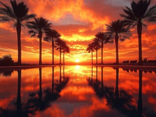 A vibrant sunset casts a warm glow over a tranquil swimming pool surrounded by palm trees.