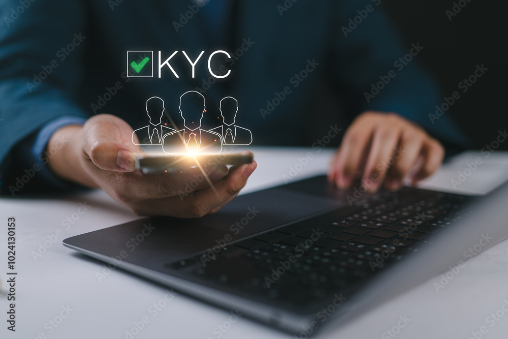 Poster know your customer (kyc) concept, businessman using laptop and smartphone with identity verification