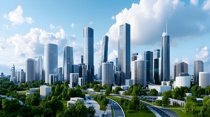 Obraz premium Panoramic view of a towering and technologically advanced skyline of a futuristic smart city showcasing modern architecture high rise buildings and a vision of urban progress and innovation
