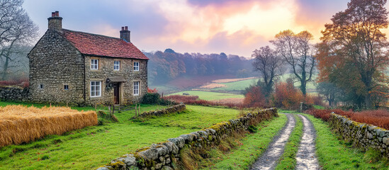 Fototapeta premium A cozy stone house in a vibrant autumn landscape under a brightening sky