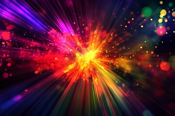 A stunning abstract image featuring a vibrant burst of light with colorful bokeh and dynamic streaks, creating a sense of motion and energy.