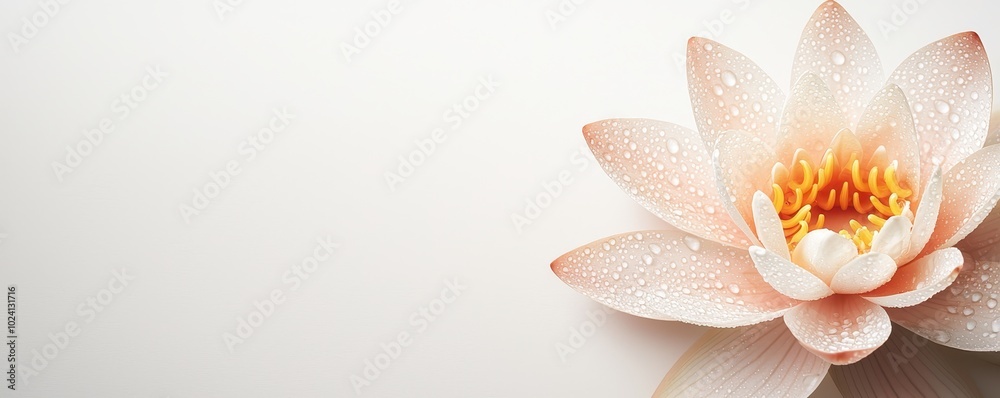 Wall mural A delicate pink water lily blossoms against a soft, white background, with droplets of water enhancing its elegant petals.