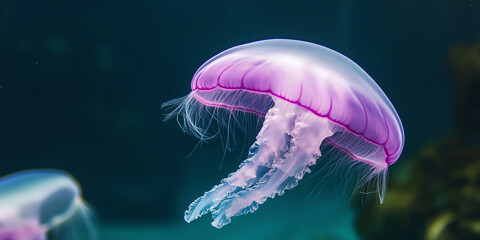 Obraz premium Purple jellyfish swimming in deep blue water