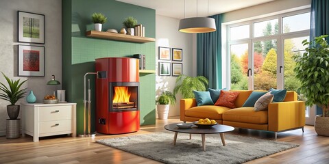 Modern Combi Boiler in Stylish Living Room Interior Design 3D Rendering for Home Heating Solutions and Energy
