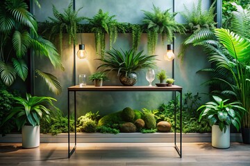 Fototapeta premium Modern Console Table with Elegant Design and Greenery in Minimalist Space