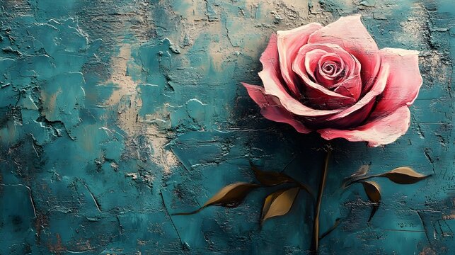 Vivid pink graffiti rose against a textured teal background, bold street art style, urban culture and creative expression