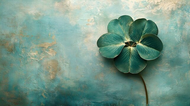 Vibrant green four-leaf clover, close-up on pale soft background, rich textures and shades, representing luck, nature and simplicity