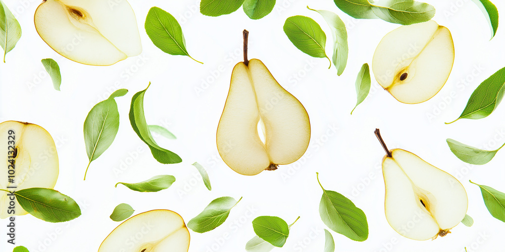 Poster pattern of pear halves and leaves falling on white background