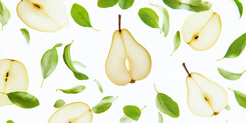 Obraz premium Pattern of pear halves and leaves falling on white background