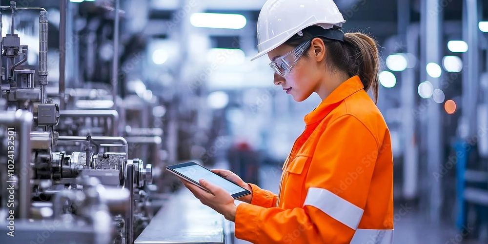 Poster Female engineer using digital tablet while controlling production process in factory