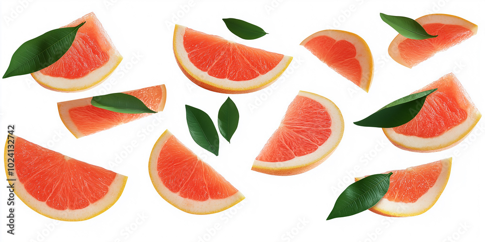 Poster many grapefruit slices with leaves falling on a white background
