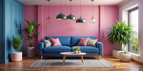 Modern Living Room Design with Blue Couch, Pink Accent Wall, Stylish Pendant Light, and Potted Plant for Contemporary