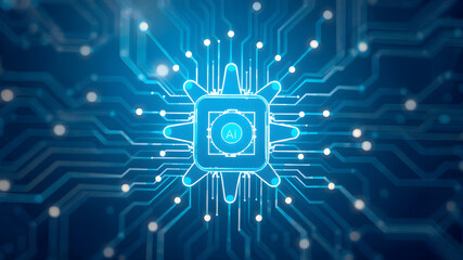 Computer chip and abstract digital atom icon on technology background. Science tech bg. Circuit light lines and CPU processor. Artificial Intelligence innovation concept. 3D wireframe illustration.