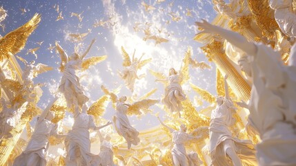Heavenly Rejoice: Vibrant 3D Render of Jubilant Angels Dancing and Celebrating in a Festival Atmosphere