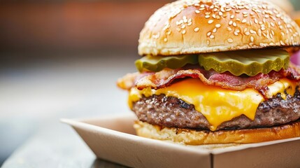 Beef burger with extra cheese, crispy bacon, and pickles, served in a paper tray, vibrant street market