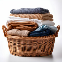clothes in a basket.A wicker laundry basket filled with neatly folded clean clothes, isolated on a white background, with soft lighting and high attention to detail on fabric textures and woven basket