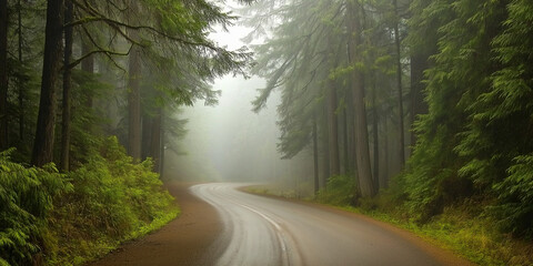 Obraz premium Winding road disappearing into foggy forest