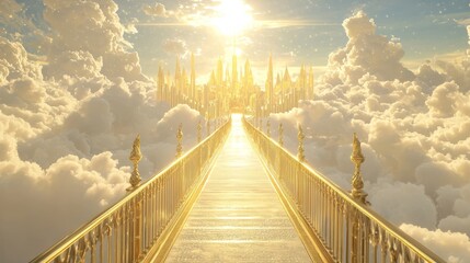 Fototapeta premium Ethereal Gateway to the Divine: Stunning 3D Illustration of Golden Bridge Leading to Heavenly City in the Clouds, Signifying Hope and Guidance
