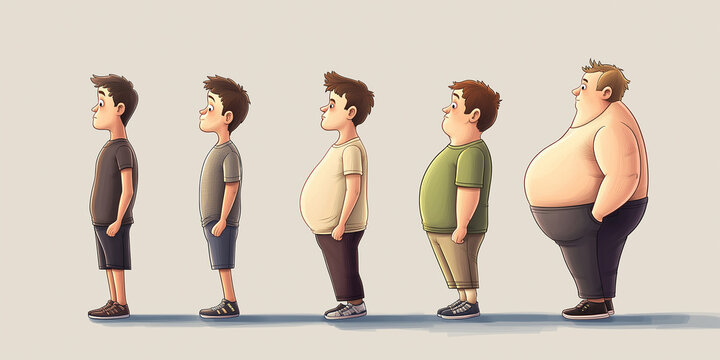 Man getting fatter standing next to his slimmer selves