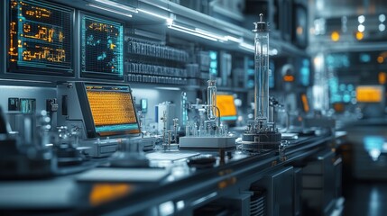Futuristic laboratory with advanced equipment and glowing screens.