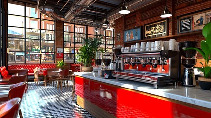 Modern Cafe Interior with Red Accents and Espresso Machine