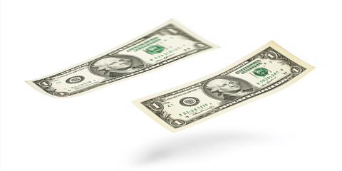 Two one dollar bills floating on white background