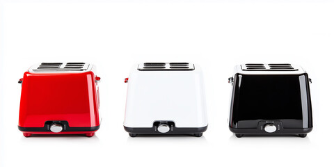 Three toasters standing on white background in different colors