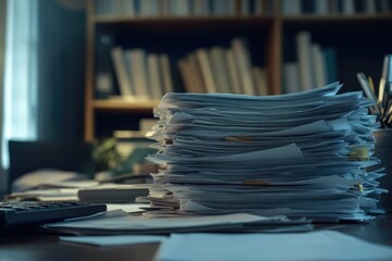 Close-Up of Pile of Documents and Papers on Office Desk with Blurred Background