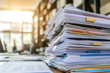 Close-Up of Pile of Documents and Papers on Office Desk with Blurred Background