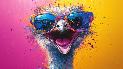 A colorful, happy ostrich wearing sunglasses.