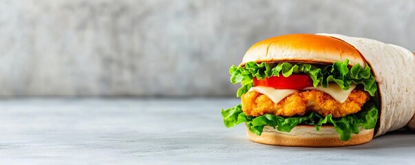 Crispy chicken burger with lettuce, tomato, and special sauce, wrapped in brown paper, street food night market