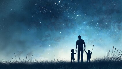 man two children standing field under stars illustration reduce duplicate caring fatherly wide forehead particles banner inspiring kid unconnected humanization