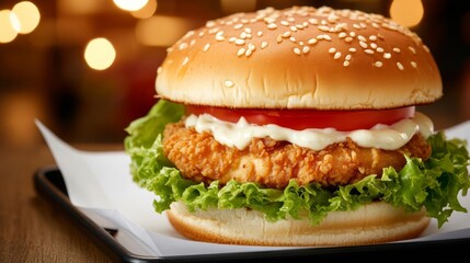 Crispy chicken burger with lettuce, tomato, and special sauce, wrapped in brown paper, street food night market
