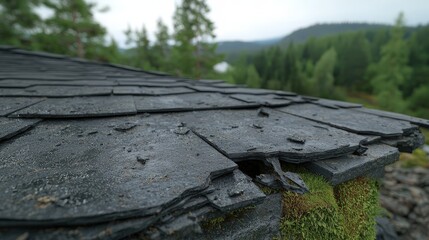 Obraz premium Damaged Shingle Roof Closeup Storm Damage Home Insurance Inspection Repair