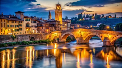 Obraz premium Night Photography of Castel Vecchio Bridge in Verona's Historical Quarter