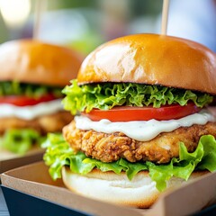 Crispy chicken burger with mayo, lettuce, and tomato, wrapped in vintage paper, city night market