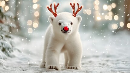 Fototapeta premium Whimsical Polar Bear Cub Embracing Winter Wonderland Under Twinkling Lights