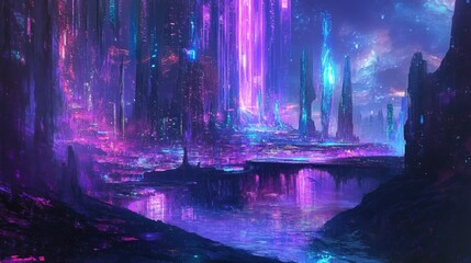 Fototapeta premium A cyber paintbrush illuminated by purple and blue neon, painting a digital landscape filled with futuristic designs