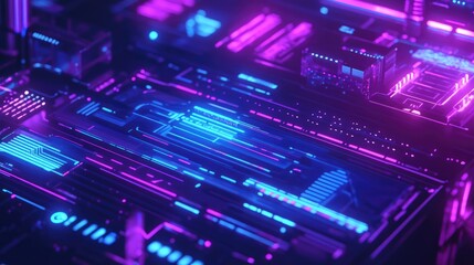 Fototapeta premium A digital art workspace illuminated by neon purple and blue lights, with a futuristic paintbrush interacting with cyber technology