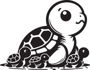 silhouette of mother turtle with baby vector art illustration isolated on transparent background.