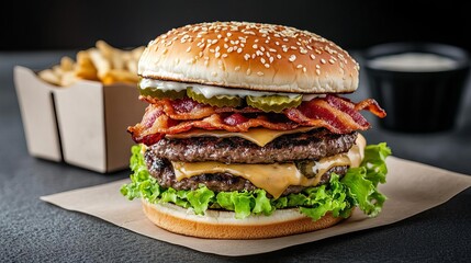 Double-stacked beef burger with crispy bacon, lettuce, and special sauce, paper tray, food truck ambiance