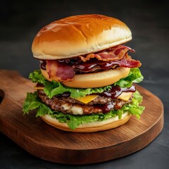 Double-stacked burger with crispy bacon, lettuce, and BBQ sauce, wooden serving board, street food vibe